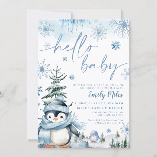 Hallo Baby Penguin, Winter blaue Babydusche Einladung (Vorderseite)