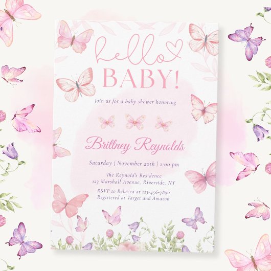 Hallo Baby Pink Butterfly Kinderdusche Einladung