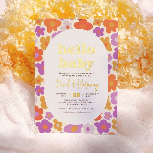 Hallo Baby Retro Daisy Gold gepresste Baby Dusche Folieneinladung
