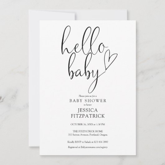 Hallo Baby Script Black and White Baby Dusche Einladung (Vorderseite)