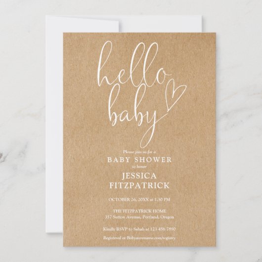 Hallo Baby Script Boho Kraft Baby Shower Einladung (Vorderseite)