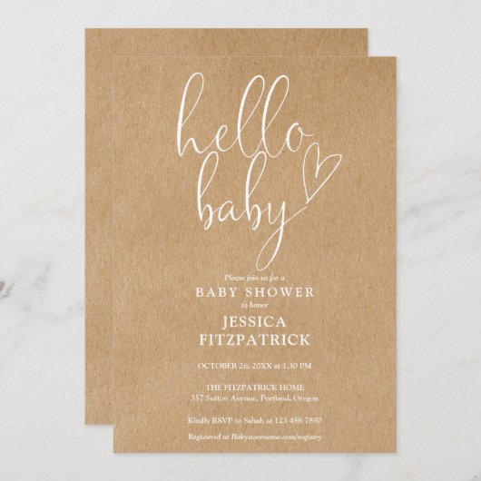 Hallo Baby Script Boho Kraft Baby Shower Einladung (Vorne/Hinten)