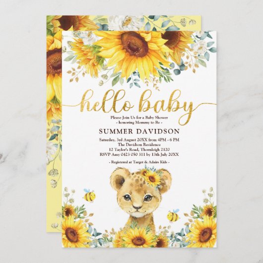 Hallo Baby Sunflower Lion Cub Jungle Dusche Einladung (Vorne/Hinten)