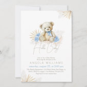 Hallo Baby Teddy Bear Boho Blue Boy Baby Shower Einladung (Vorderseite)