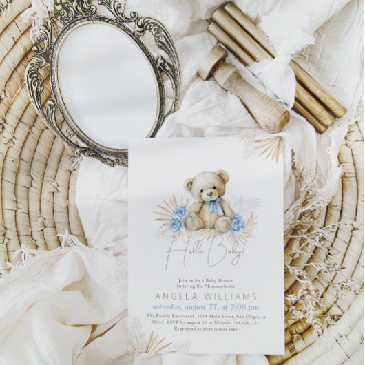 Hallo Baby Teddy Bear Boho Blue Boy Baby Shower Einladung