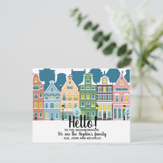 Hallo, bearbeitbar Wir sind neu in der Nachbarscha Postkarte (Stehend Vorderseite)