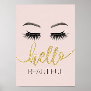 Hallo Beautiful Eyelashes Gold Typografy Salon Poster