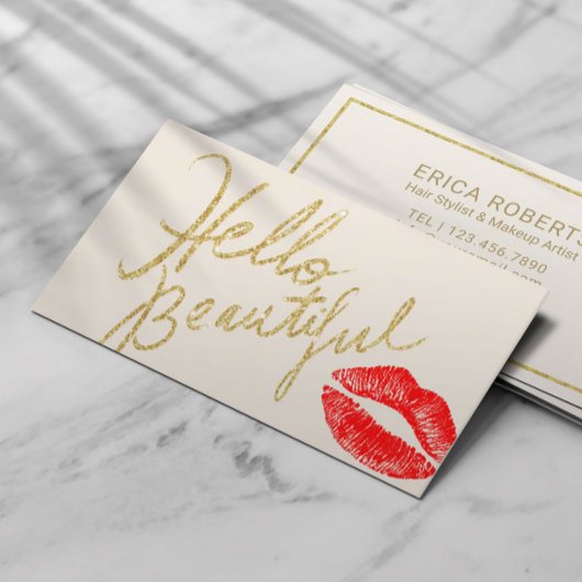 Hallo Beautiful Gold Typografy Red Lips Print Visitenkarte