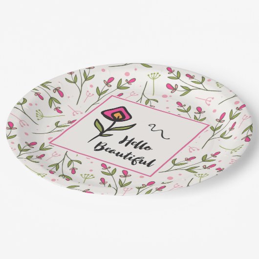 Hallo Beautiful Hübsch Pink Orange Wildlflower Pappteller (Schrägansicht)