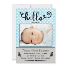 Hallo blaue Punkte/graues Foto - Geburtsankündigun