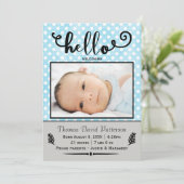 Hallo blaue Punkte/graues Foto - Geburtsankündigun Ankündigung (Stehend Vorderseite)