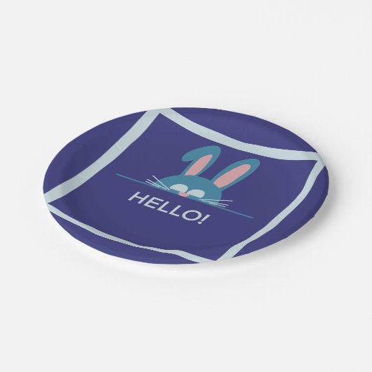 Hallo blauer Osterhase Pappteller (Schrägansicht)