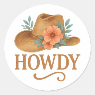 Hallo Boho Western Cowboy Hut Floral Wasserfarbe Runder Aufkleber