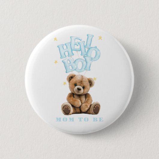 Hallo Boy Balloon Teddy Bear Boy Baby Dusche Button (Vorderseite)