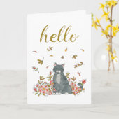 Hallo Cat und Blume Illustriertes Denken Sie an Si Karte (Gelbe Blume)