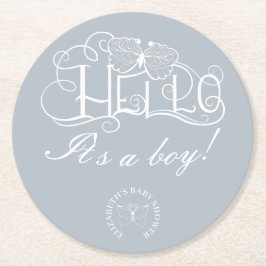 Hallo dekorative Skript Baby Dusche dusty blau Runder Pappuntersetzer