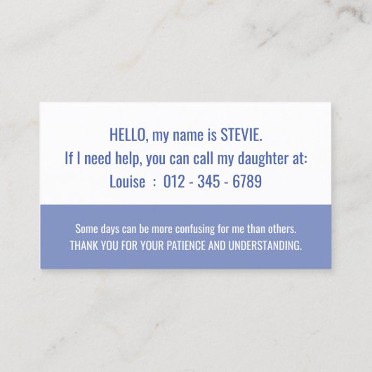 Hallo Demenz Bewusstsein und Notkontakt Visitenkarte (Rückseite)