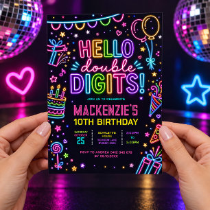 Hallo Doppelziffern: Neon Glow 10. Geburtstag Einladung