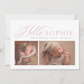 Hallo Drehbuch elegant zwei Foto rosa Geburt Ankündigung (Vorderseite)
