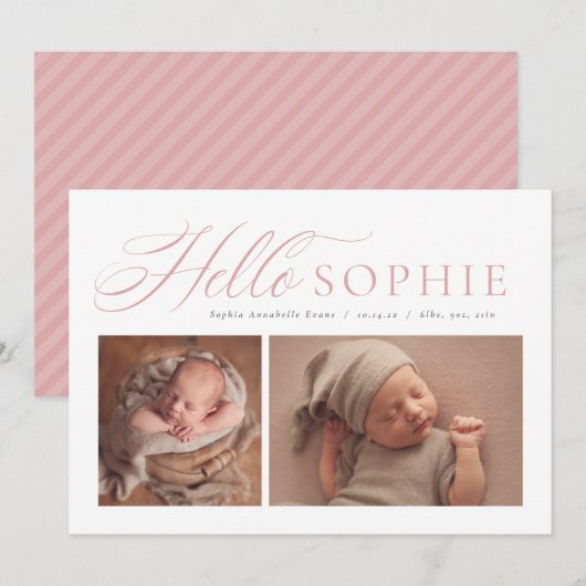 Hallo Drehbuch elegant zwei Foto rosa Geburt Ankündigung (Vorne/Hinten)