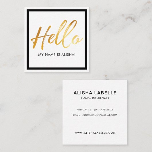 Hallo Einführung Gold Pinselschrift & Schwarzer Ra Quadratische Visitenkarte (Vorne/Hinten)
