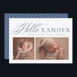 Hallo elegante Drehbuch zwei Foto navvy Blue Junge Ankündigung<br><div class="desc">Diese zwei Fotos Geburtsankündigung beinhaltet neben einem Namen oder Spitznamen ein elegantes marinebasisches Schrift "hello". Es gibt auch Platz für den vollständigen Namen des Kindes und andere Details, sowie ein Quadrat und ein horizontales Foto. Die klassisch blaue Farbe ist ideal, um einen süßen Baby Jungen anzukündigen, und der Backer ist...</div>