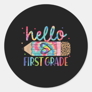 Hallo Erste Klasse Bleistift Tie Dye Zurück zur Sc Runder Aufkleber