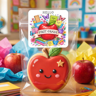 Hallo Erste Klasse Retro Apfel Quadratischer Aufkleber
