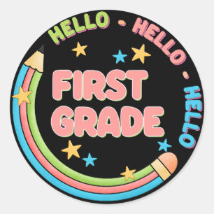 Hallo erste Klasse zurück in die Schule Runder Aufkleber
