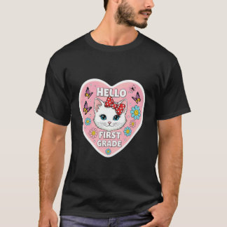 Hallo Erstklässlerin Mädchen Kätzchen Katze Rücken T-Shirt