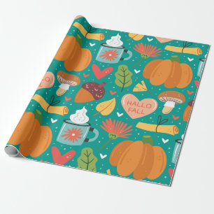 Hallo Fall Adorable Natur Muster Pumpkins Blau Geschenkpapier