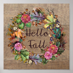 Hallo Fall   Fall Blume Wasserfarbe und Burlap Poster