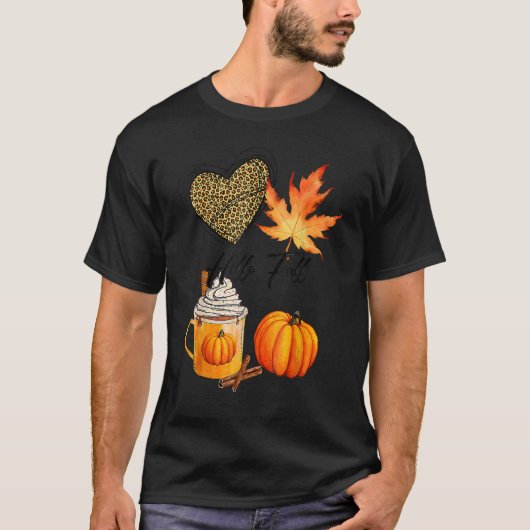 Hallo Fall Leopard Heart Pumpkin Herbst Blätter al T-Shirt (Vorderseite)