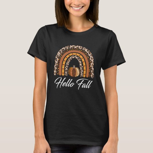 Hallo Fall Leopard Pumpkin Rainbow Erntedank T-Shirt (Vorderseite)