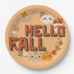 Hallo Fall Niedlich Natur Herbst Blätter Pumpkins Pappteller