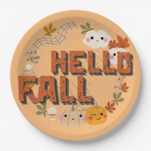 Hallo Fall Niedlich Natur Herbst Blätter Pumpkins Pappteller (Vorderseite)