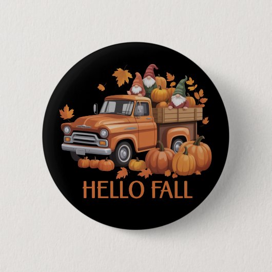 Hallo Fall Pumpkin Lieferwagen Truck Gnome Herbstb Button (Vorderseite)