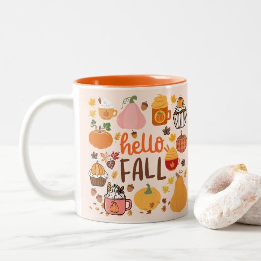 Hallo Fall Pumpkins Zweifarbige Tasse (Mit Donut)