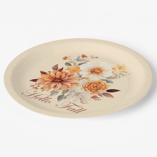 Hallo Fall Wasserfarbe Wildblumen Blätter Herbst Pappteller (Schrägansicht)