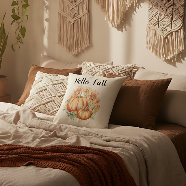 Hallo Fall Wasserfarben Bauernhof Autumn Pumpkins Kissen (Autumn pumpkin pillow farmhouse style. Fall decor pillow soft and stylish.)
