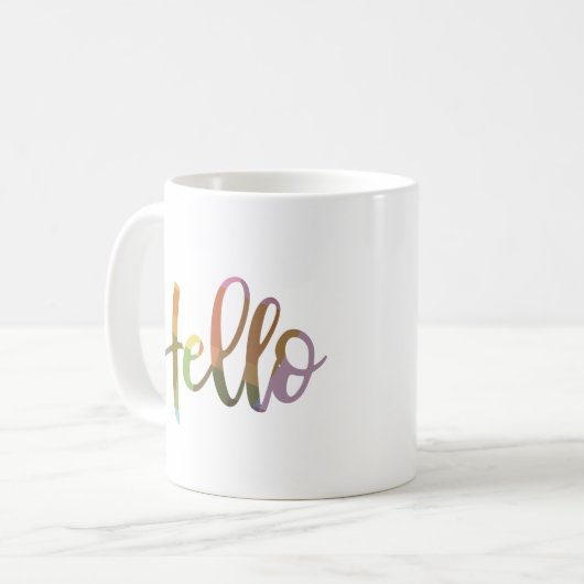 Hallo farbenfrohe Word Art Script Design Kaffeetasse (Vorderseite Links)