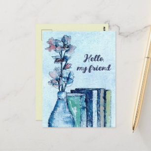 Hallo Freund Bücher lesen Blumenstrauß Blau Postkarte