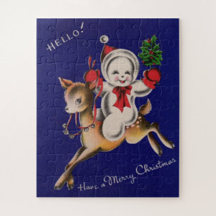 Hallo! Frohe Weihnachten Schneemann auf Rentier Puzzle