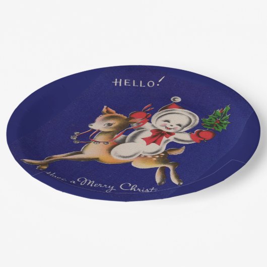 Hallo ! Frohe Weihnachtsschneemänner auf Rentieren Pappteller (Schrägansicht)