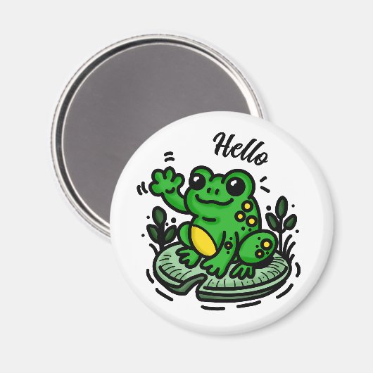 Hallo  | Frosch auf Lily Pad Hand Drawing Magnet (Vorderseite/Rückseite)