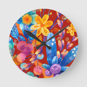 Hallo Frühling Glück Zeit florale Farben Runde Wanduhr