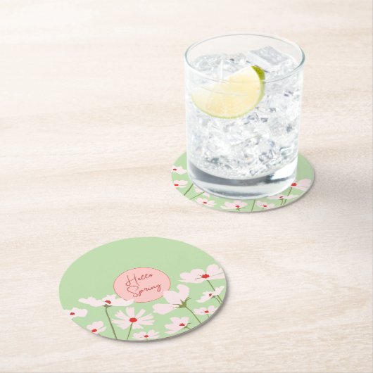 Hallo Frühling hellrosa Kosmos Blume Runder Pappuntersetzer (Vor Ort)