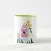 Hallo Frühling - Pastel Birdhouse und Gelbe Tulips Zweifarbige Tasse (Mittel)
