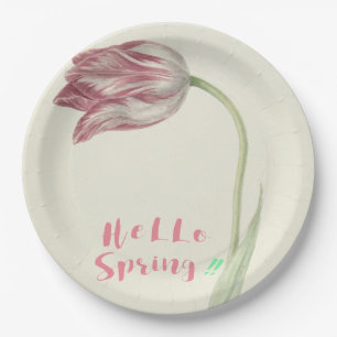 Hallo Frühling! Vintager Entwurf mit rosa Tulpe Pappteller
