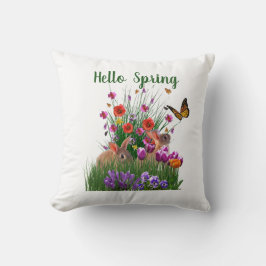 Hallo Frühlingshasen und Blumengarten Kissen